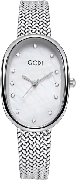 Gosasa Elegant Women's Quartz Watch - Oval Dial, Slim & Cute, Modern Minimalist Design, 30m Waterproof, Mother-of-Pearl Face, Adjustable Stainless Steel Mesh Band Silver White