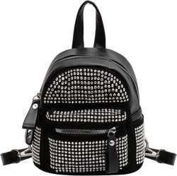 Casual Rhinestone Mini Backpack Gothic Daypack Purse Studded Faux Leather Small Travel for Women Ladies, Silver A-silver