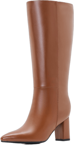 Knee-High Boots - Wide Calf Boots for Women with Zipper, Pointed Toe Tall Leather Boots, Chunky Heel Fashion Long Boots 7.5 Tan