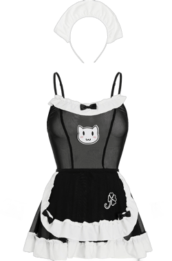 MakeMeChic Women's 5 Piece Maid Cosplay Outfit Mesh Sheer Babydoll Ruffle Hem Lingerie Dress X-Large Black and White