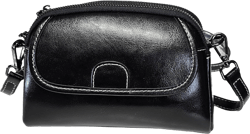 Women Small Genuine Top Grain Cow Leather Crossbody Shoulder Bag, 2 zipped compartments & front & Back Pockets HandBag #2 Black
