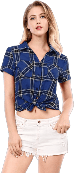 INSPIRE CHIC Women's Classic Short Sleeve Button Down Plaid Shirt Blue Small