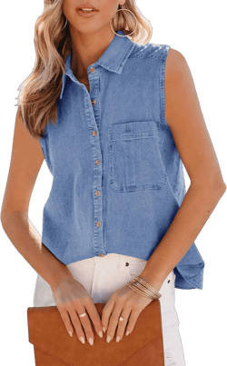 PRETTODAY Women's V Neck Denim Tank Top Button Down Sleeveless Shirts Collared Casual Blouse Tops Small A-blue
