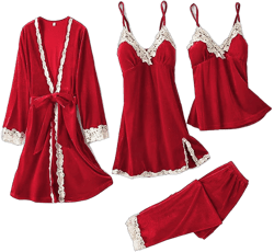 Women's Winter Pajamas Sets Sexy Lace Sleepwear for Women Plus Size Velvet Robe Set Comfy Soft Large Red
