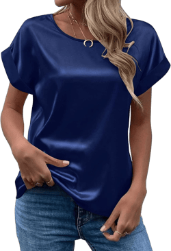 Womens Satin Top Elegant Round Neck Rolled Short Sleeve Thin Silk Shirt Solid Loose Crew Neck Office T-Shirt Blouse XX-Large Navy