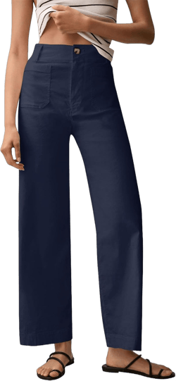 Twill Stretch Cropped Wide Leg Pants for Women Business Casual High Waist Chino Pants Office Work Ankle Jeans w/Pocket Small Bbb04-dark Blue