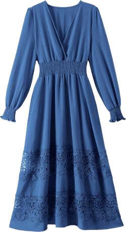 Women's Lace Maxi Dress Short Sleeve V Neck Party Dress Smocked Waist Boho Maxi Dress Bohemian Dress for Women Long Sleeve Blue Medium