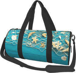 KLL Seashells And Fishing Net On Blue Wooden Table Duffle Bag For Men Women Sport Gym Fitness Tote Travel Training Workout Basketball Football Weekender