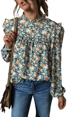 Women Floral Print Mock Neck Puff Sleeve Blouse