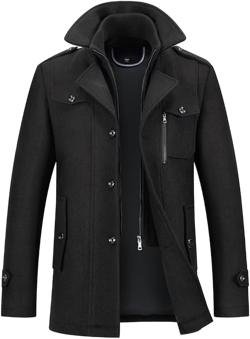INVACHI Men's Stand Collar Wool Blend Pea Coats with Removable Inner Collar Single Breasted Overcoat Medium Black