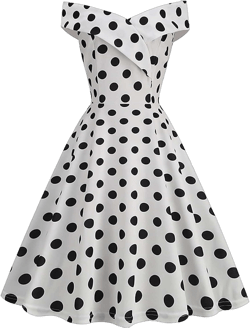 Women's Off Shoulder Sleeveless 1950s Vintage Cocktail Party Swing Dress Patchwork 50s Polka Dot Swing Dresses X-Large White