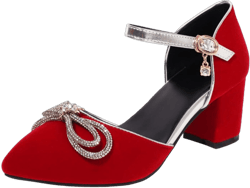 Chunky Block Heel Mary Jane Pumps for Women Closed Pointed Toe Ankle Strap with Buckle Dress Shoes with Bow 7 Velvet - Red