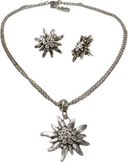 Traditional bavarian jewelry set chain necklace and earrings rhinestone Edelweiss, Women costume jewelry, traditional german flower pendant, Dirndl, Oktoberfest (antique silver color)