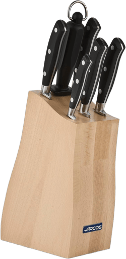 ARCOS Forged Block Knife Set 6 piece Nitrum Stainless Steel. 4055 gr. Multi-use Cooking Knife for Cutting Meat and Vegetables. Ergonomic Polyoxymethylene POM Handle. Series Riviera. Color Black. 6 Pieces Black Knife Block