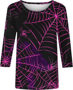 Halloween Shirts for Women Spider Web Bat Printed Crew Neck Long Sleeve Casual Fashion TOS for Halloween Costume Party J08-purple Small