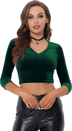 Allegra K Women's Velvet V Neck 3/4 Sleeve Solid Crop Top Dark Green Large