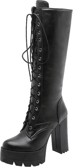hopeusnice Women's Lace Up Platform Boots Chunky Heel Knee High Boots Faux Leather Buckle Boots Fall Winter Warm Comfortable Shoes Black 35