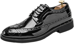 Dress Oxford Formal Shoes for Men Lace Up Brogue Embossed Wing tip Shiny Derby Shoes Vegan Leather Rubber Sole Block Heel Non Slip Low Top Party (Color : Black, Size : 7.5)