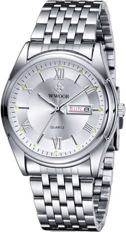 Gosasa Men's Classic Analog Quartz Watch Luminous 40mm Fashion Business Waterproof Steel Band Date Dress Watch Silver