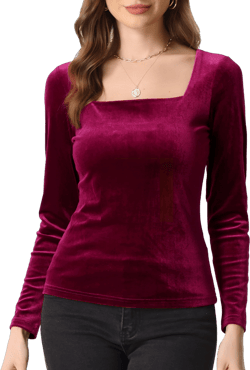 Allegra K Christmas Velvet Top for Women's Square Neck Long Sleeves Solid Casual T-Shirt Blouse XS Burgundy
