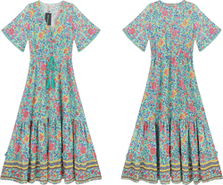 R.Vivimos Womens Summer Cotton Short Sleeve V Neck Floral Print Casual Bohemian Midi Dresses Small Green#2
