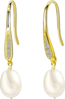 Women Yellow Gold Pearl Dangle Earrings, 14K Yellow Gold Plated Pearl Drop Earrings Pearl Drop Earrings-Cubic Zirconia