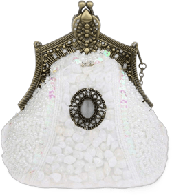Women's Antique Beaded Party Clutch Vintage Purse Evening Handbag White