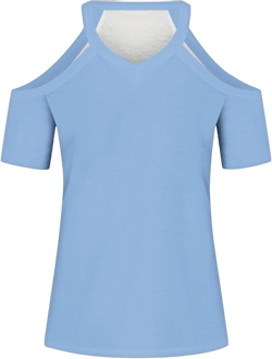 Women's Cold Shoulder Tops 2024 Summer Floral Short Sleeve T Shirts Solid Color V Neck Cold Shoulder Blouses 19-sky Blue Large