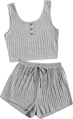 SOLY HUX Women's Button Front Ribbed Knit Tank Top and Shorts Pajama Set Sleepwear Lounge Sets X-Large Light Grey