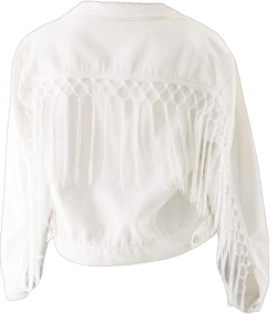 ModParty Women’s Fringe Jacket White Crop Denim Jean Jacket With Tassel Trim Large-X-Large White