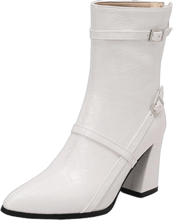 URLECHS Women's Pointed Toe Buckle Strap Chunky High Heel Ankle Boots,Leather Back Zipper Booties Fashion Knight Boots 8.5 White