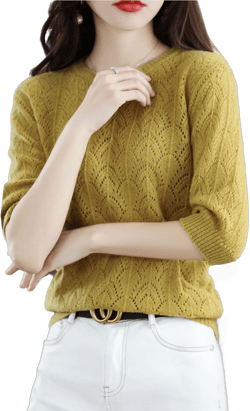 Womens Sweaters Merino Wool Tops Hollow out Casual Short Sleeve O-Neck Lightweight Knit Pullover Medium Mustard Yellow