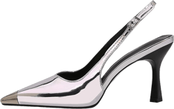 Women's Patent Leather Kitten Heel Pumps Adjust Ankle Strap Fashion Pointed Toe Slingback Stiletto Closed Toe Sandals for Formal Party Wedding Dress Shoes 5 Silver
