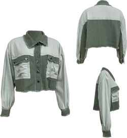 HBER Waffle Knit Jacket for Women Long Sleeve Loose Button Down Frayed Hem Boyfriend Y2K Patch Crop Denim Jacket Tops Large Green
