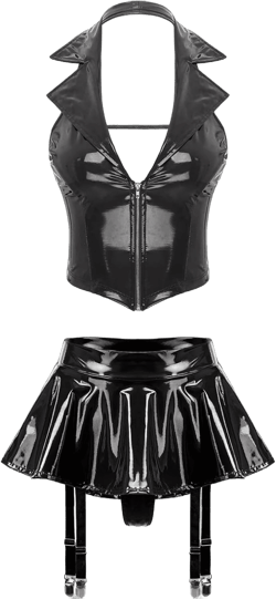 Agoky Women's Faux Leather Rave Sets Outfits Deep V Neck Crop Top with Garter Skirts for Party Dance Black Small