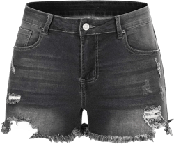 THUNDER STAR Women Mid Rise Ripped Stretchy Jeans Shorts Frayed Raw Hem Casual Denim Shorts 6-8 Grey