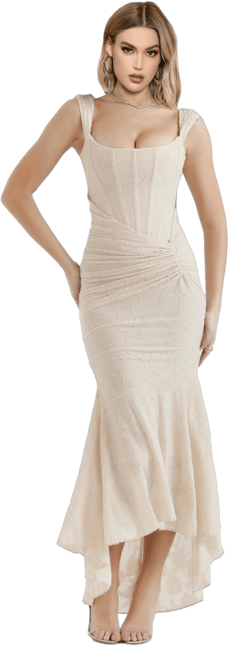 Elegant Lace Bodycon Fishtail Dress Fishbone Dress Shoulder Strap Ruched Midi Dress for Women Medium Beige