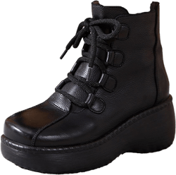 WENOREG Women's Genuine Leather Lace Up Platform Ankle Boots Retro Round Side Zipper High-Top Fashion Height Booties Comfortable Sofe Leather Combat Short Boots Black 4.5