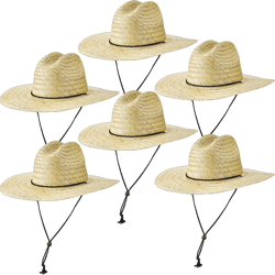 6 Pieces Men's Straw Sun Hat Wide Brim Summer Beach Hat Farmer Sun Protection Straw Hat with Removable Wind Lanyard Yellow