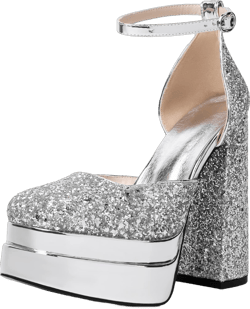 Mettesally Women's Stacked Platform High Heels Square Toe Chunky Thick Heel Sandals Ankle Strap Block Heeled Pumps Fashion Party Platform Shoes 6.5 Silver Glitter