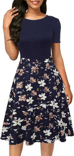 Berydress Women's Short Sleeve Colorblock Button Down Sundress Knee-Length Flared A-Line Casual Party Swing Dress Small Navy Floral