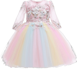 Weileenice Flower Girls Rainbow Tulle Dress Lace Sleeves Embroidery Kids Bridesmaid Wedding Party Birthday Tutu Dresses 9-10 Years Lace Sleeve Peach / Rainbow