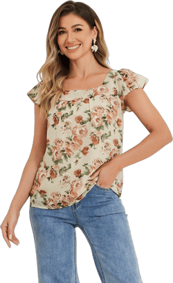 Allegra K Women's Chiffon Ruffle Sleeve Square Neck Floral Print Blouse Beige Pink Medium