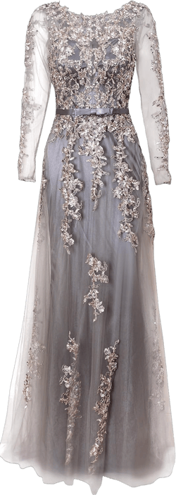 Meier Women's Illusion Long Sleeve Embroidery Prom Formal Dress 4 Silver Grey