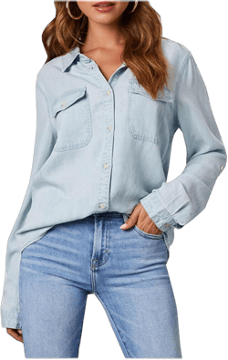 ctdiral Denim Shirt Women Casual Long Roll Up Sleeve Button Down Blouses Chambray Denim Shirt Pockets Jean Western Shirts Medium Light Blue