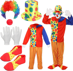 Funtery 6 Pcs Adult Clown Costume Red Clown Nose Shoes Hat Rainbow Wig and Gloves for Men Women Cosplay Large