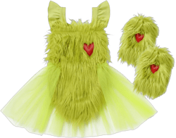 FYMNSI Baby Girl My First Christmas Outfit Infant Toddler Green Faux Fur Backless Romper Tutu Dress Bodysuit Leg Warmers Set Newborn 1st Xmas Party Photo Shooting