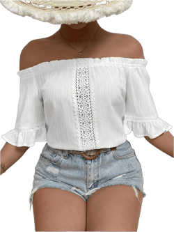 MakeMeChic Women's Off Shoulder Shirts Frill Trim Floral Lace Short Sleeve Blouse Tops