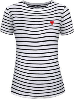 LilyCoco Women's Heart Graphic Striped Shirt Short Sleeve Crewneck Top Cotton Tee Black and White Medium