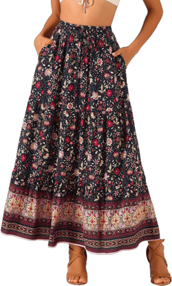 INSPIRE CHIC Women's Boho Casual Floral Printed Elastic Waist Maxi Skirts Black Medium